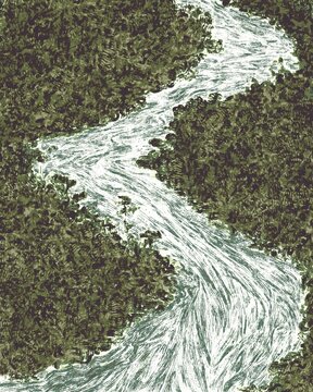 Aerial forest river illustration with flowing textured water in abstract conceptual style