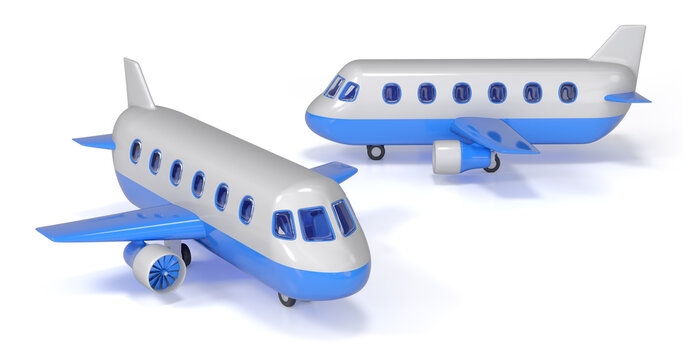 Close-up of two realistic silver and blue toy airplanes. 3d illustration on white background