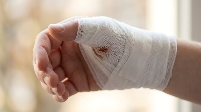 Close up of human hand with bandaged thumb showing stains after injury medical first aid concept with white gauze wrap on injured finger