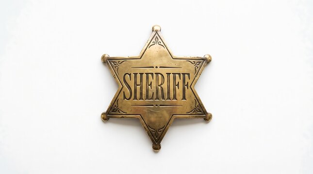 A weathered brass six-pointed sheriff star badge with intricate engraved details, centered on a clean white background, evoking the classic symbol of law and the old west.