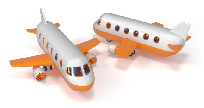 Close-up of two realistic white and orange toy airplanes. 3d illustration on white background