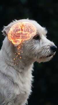 White dog with glowing brain visualization orange light