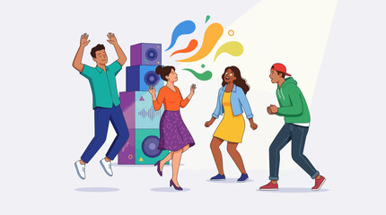 Naklejka premium Diverse young people joyfully dance to vibrant music, celebrating together with colorful energy emanating from powerful speakers in a lively party atmosphere.