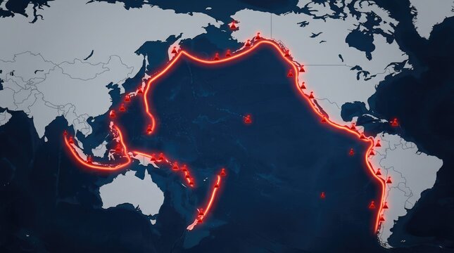 World map showing the pacific ring of fire tectonic plate boundaries