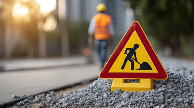 Construction sign in front of a worker walking away from a street under warm sunlight with trees in the background during a workday