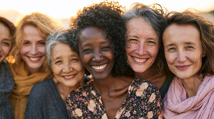 Obraz premium Smiling Multigenerational Women Embracing Diversity, Friendship, and Unity at Sunset: A Celebration of Joy and Togetherness