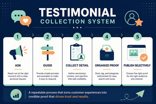 An infographic illustrates a five-step testimonial collection system process for building trust and results.