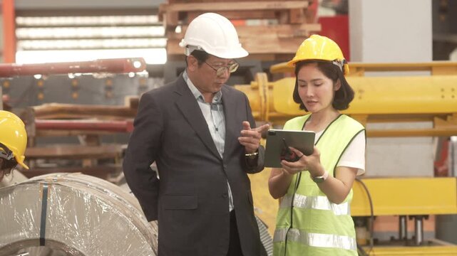 Asian factory executive in suit and female safety engineer reviewing production data on a digital tablet in a heavy machinery plant. Concept of smart factory, digital supply chain management, and indu