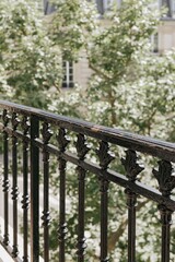 Fototapeta premium Classic Black Wrought Iron Balcony Railing with View of Green Trees, evocative european architecture, romantic old-world outdoor aesthetic, heritage french urban lifestyle.