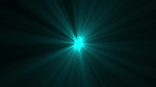 Radiant cyan light burst with glowing starburst effect and cinematic lens flare rays emitting from a central point on a dark background, for abstract motion, and high-end visual productions