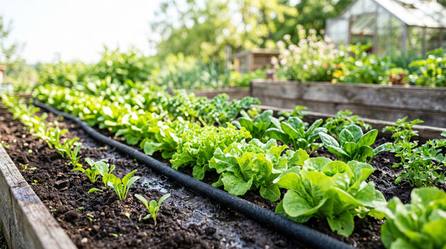 Rows of lettuce growing in a garden with soaker hose for watering  