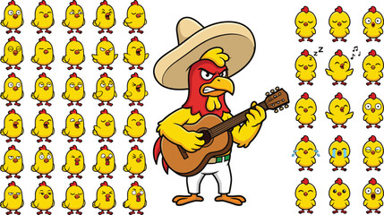 Mexican Rooster Musician with Guitar Cartoon Mascot Vector Set and Cute Yellow Chick Expression Icons for Sticker App Graphic Designs
