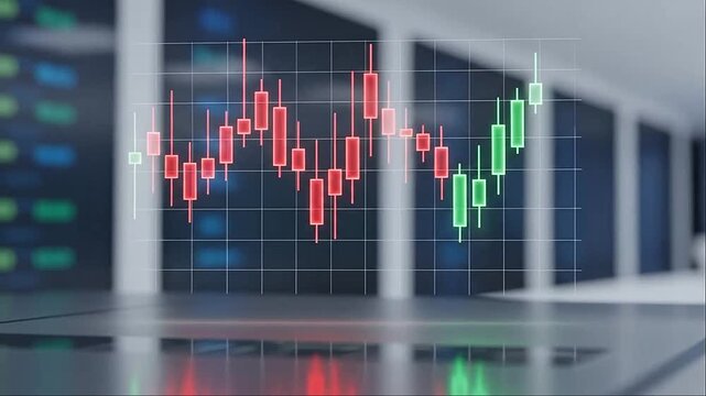 Financial stock market candlestick chart animation showing changing price trends and volatile trading data in a modern digital video motion