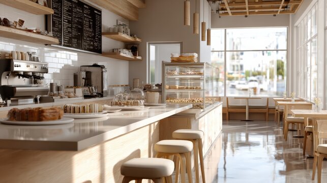 modern empty cafe with clean interior, dessert counter visible