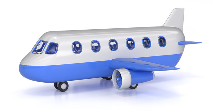 Сlose-up of a realistic toy silver and blue airplane mockup. 3d illustration on white background