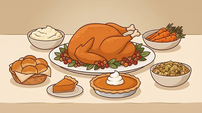 Festive thanks giving dinner roasted turkey sides and pumpkin pie celebration