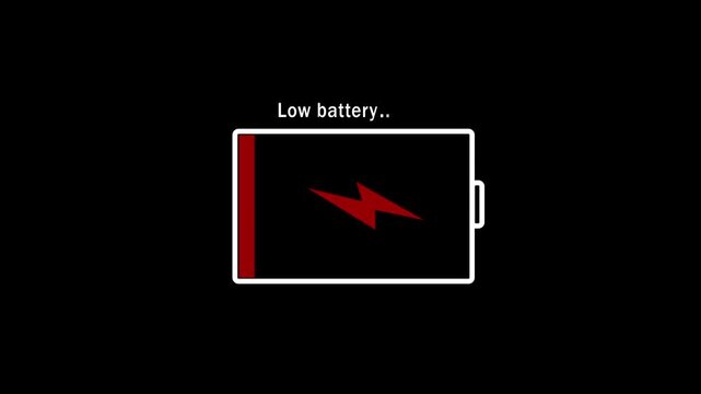 Digital low battery warning animation with pulsing red lightning bolt symbol on a minimalist black background, representing power depletion, energy exhaustion, and, critical device status alerts