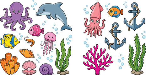 Cute cartoon marine life icons set featuring dolphin octopus jellyfish squid coral reefs anchors and sea plants collection © farida