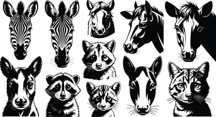 Black and White Animal Portrait Vector Set Featuring Detailed Silhouettes of Zebras, Horses, Raccoons, Wild Cats, and Cows for Nature Wildlife Conservation Graphic Designs © EdGe Creative