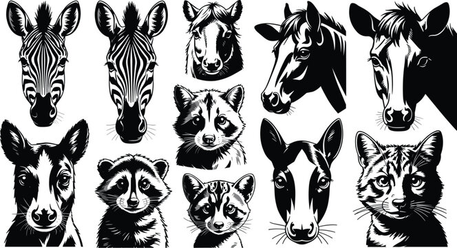 Black and White Animal Portrait Vector Set Featuring Detailed Silhouettes of Zebras, Horses, Raccoons, Wild Cats, and Cows for Nature Wildlife Conservation Graphic Designs