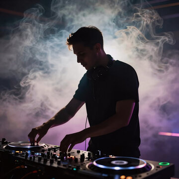Pop Art Lighting Dj. Disco Dj Silhouette Over A Glowing Smoke Backdrop