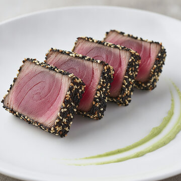 Gourmet seared Ahi tuna slices featuring black and white sesame seed crusting presented on white ceramic plate with wasabi puree streak. High protein seafood appetizer.