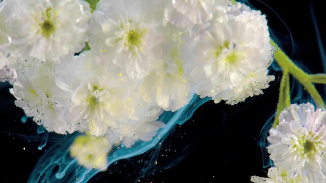 Close-up motion shows white chrysanthemum-like blossoms on green stems while translucent aqua ribbons and glossy droplets drift beneath and between petals against deep black background