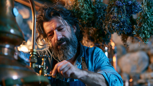 Absinthe distiller adjusting copper alembic still valves while botanical herb bundles dry overhead in stone-walled distillery, artisan spirits production, botanical extraction process, traditional E
