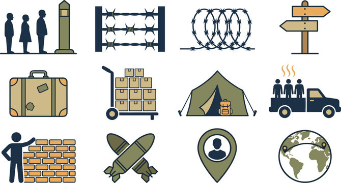 Refugee crisis and migration icon set showing border control barbed wire refugee camp and war symbols