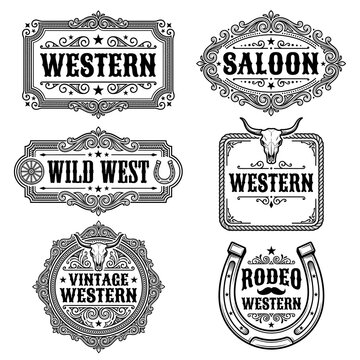 A set of six vintage Wild West graphic labels featuring ornate borders, cowboy aesthetics, longhorn skulls, horseshoes, and rustic typography in a clean black-and-white style.