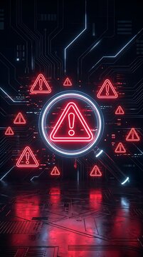 Neon warning symbols on dark circuit board background