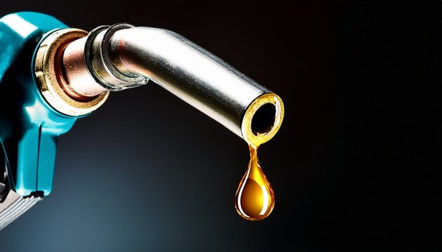 gasoline drops dripping from fuel nozzle on dark background minimal fuel flow concept of fuel depletion shortage and energy crisis macro detail dramatic lighting