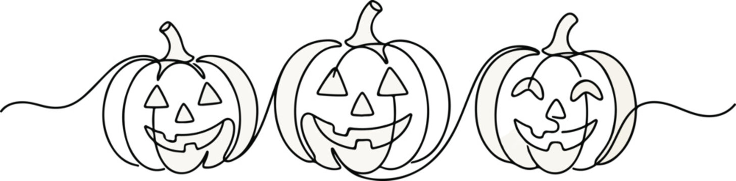 Continuous line art of three Halloween jack-o'-lantern pumpkins on textured paper background.