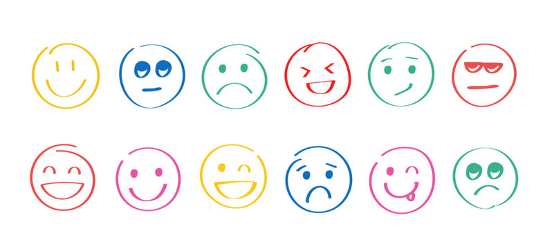 Character cheerful face shapes.  Colorful emotion set with feelings. Different emotions and expressions for chat, social media, stickers, and communication design, Vector