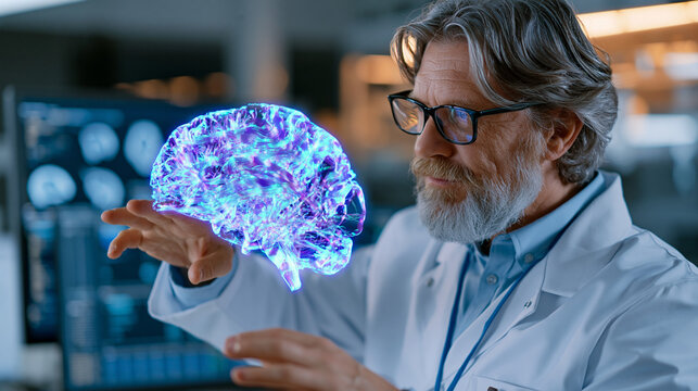 Computational neuroscientist navigating a holographic connectome mapping neural wiring three-dimensional brain atlas inside an industrial research visualization laboratory, connectomics innovation b