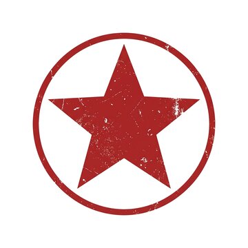 A red, five-pointed star enclosed within a thin circular frame, featuring a heavily weathered, distressed, and scratched texture on a solid white background.