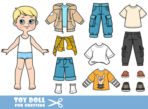 Cartoon blond boy - casual cargo panth, jacket, shirt, long sleeve and boots