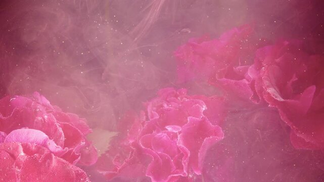 Extreme close-up motion scene showing layered pink rose petals with water droplets, curled edges, delicate veins, soft mist, and drifting particles across dreamy floral background, with pink, rose