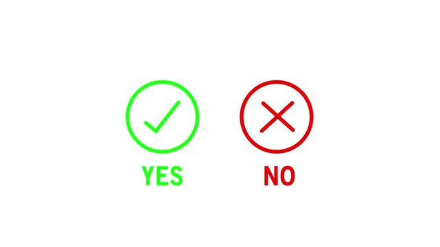 Minimalist yes and no with animated green checkmark and red cross symbols for interactive user interface digital voting systems, survey feedback, and decision making concepts isolated