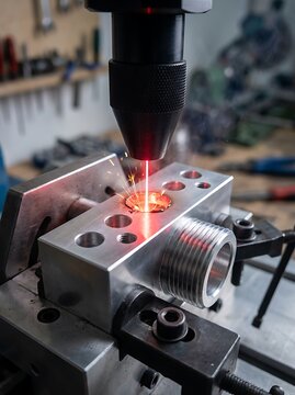Laser cutting metallic component in workshop industrial