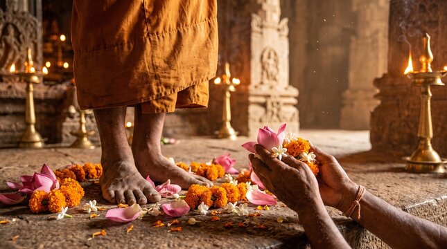 a pair of humble hands extends a tight bouquet of pink lotus, bright orange marigolds and tiny white blossoms toward the feet in a gesture of reverence.