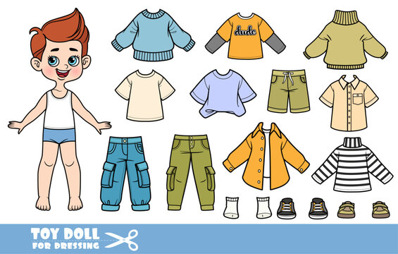 Cartoon boy dressed and clothes separately - sweaters, turtleneck, boots, jeans, longsleeve and boots
