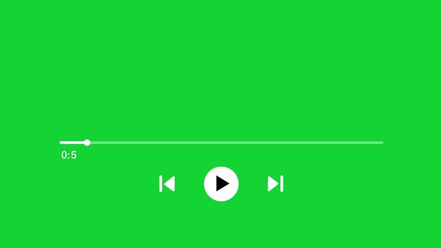 Minimalist media player interface overlay with progress bar and playback controls on a chroma key green screen background, for seamless editing, motion and digital production