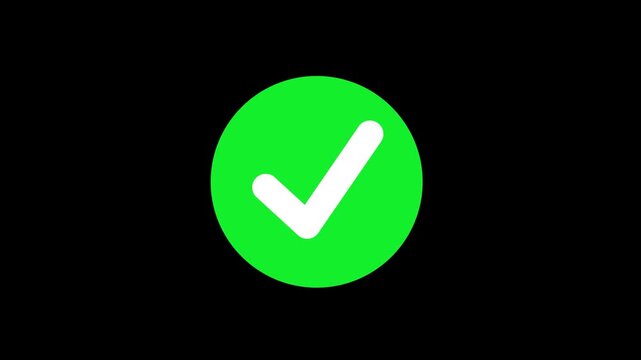 Animated green checkmark symbolizing success approval completion and correct choice for digital user interface and business presentations with contrast isolated black background