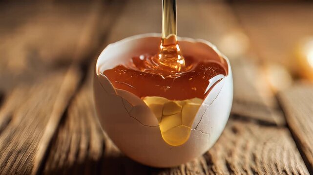Golden honey being poured into a broken white eggshell on a wooden surface