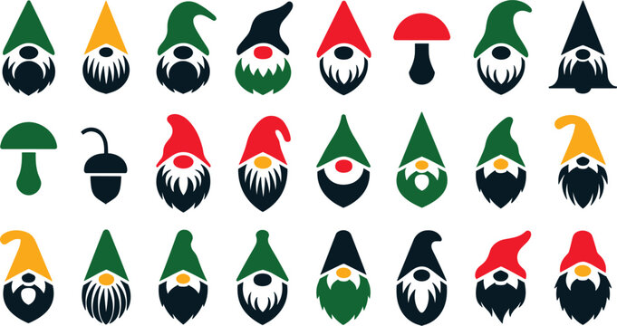 Minimalist garden gnome head vector icon set featuring simple scandinavian tomte silhouettes pointed dwarf hats beards forest mushrooms and acorn stencils.