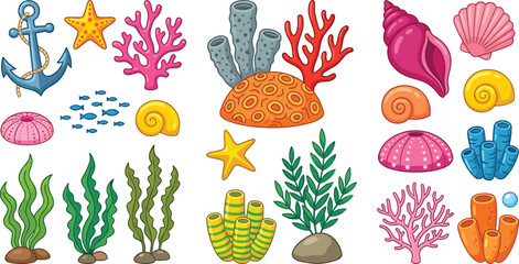 Marine life icons set with underwater sea shells coral reef anchors and ocean plants collection © farida