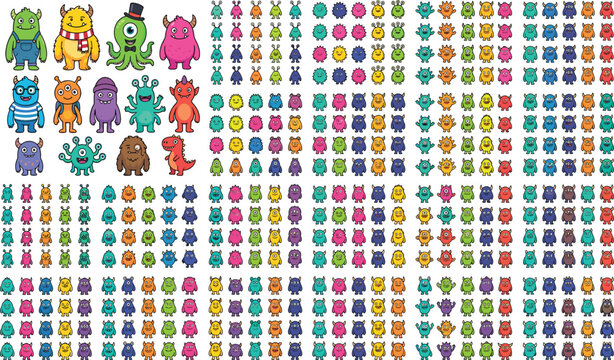 Mega collection of cute cartoon monster characters featuring colorful funny alien creatures avatars icons bundle