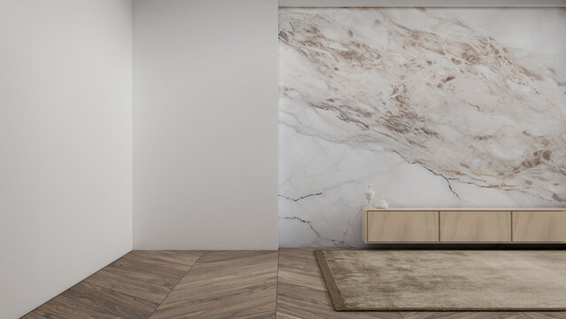 Screen mock up White granite tiles living room have cabinet minimalist and decoraion. 3d rendering