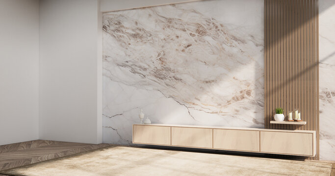 Screen mock up White granite tiles living room have cabinet minimalist and decoraion. 3d rendering